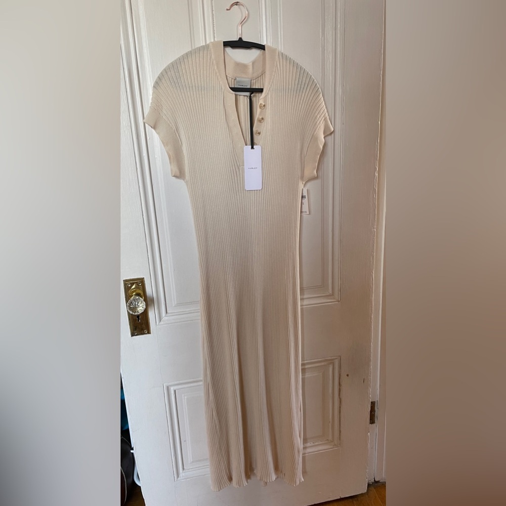Varley Cream Rib-Knit Midi Dress with V-Neck